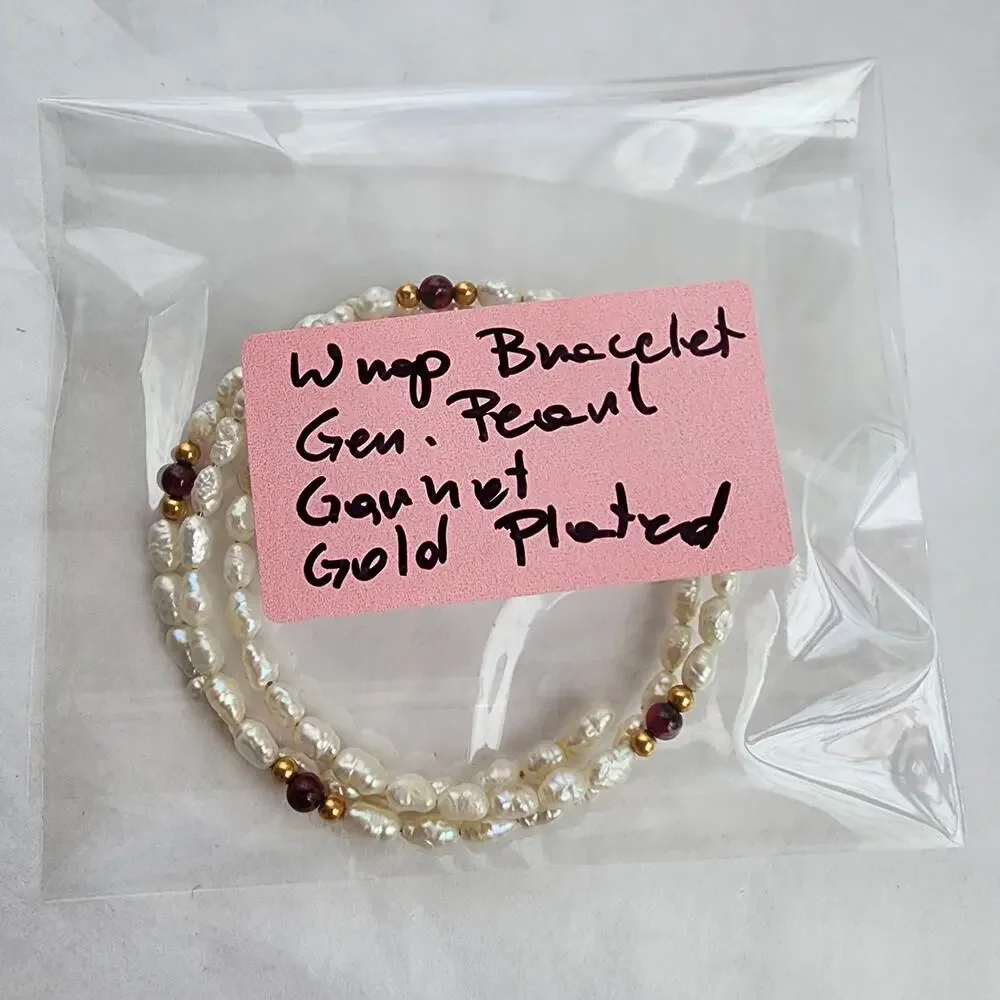 Wrap around bracelet genuine rice pearls white‎  Garnet gold beaded boho artisan